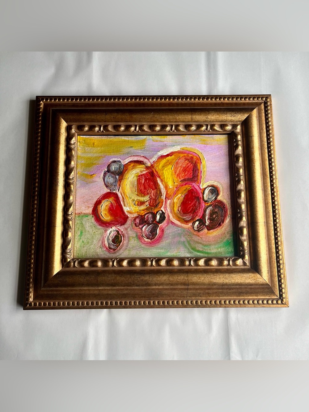 Vintage Gold Tone Wood Picture Photo Frame w/ Original Abstract Fruit Painting